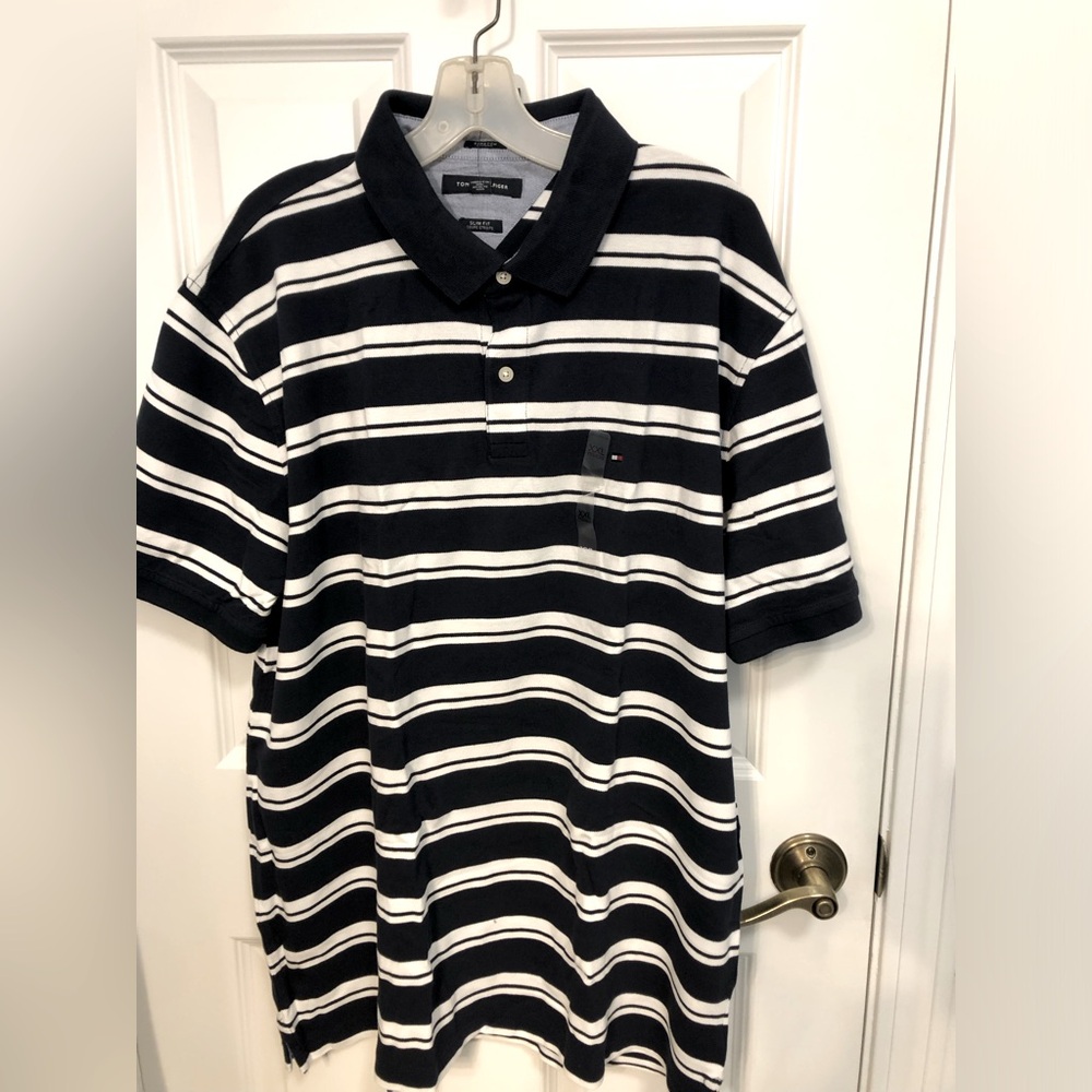Tommy Hilfiger 3 button polo with collar. Navy/white. XXL Slim Fit  NWT